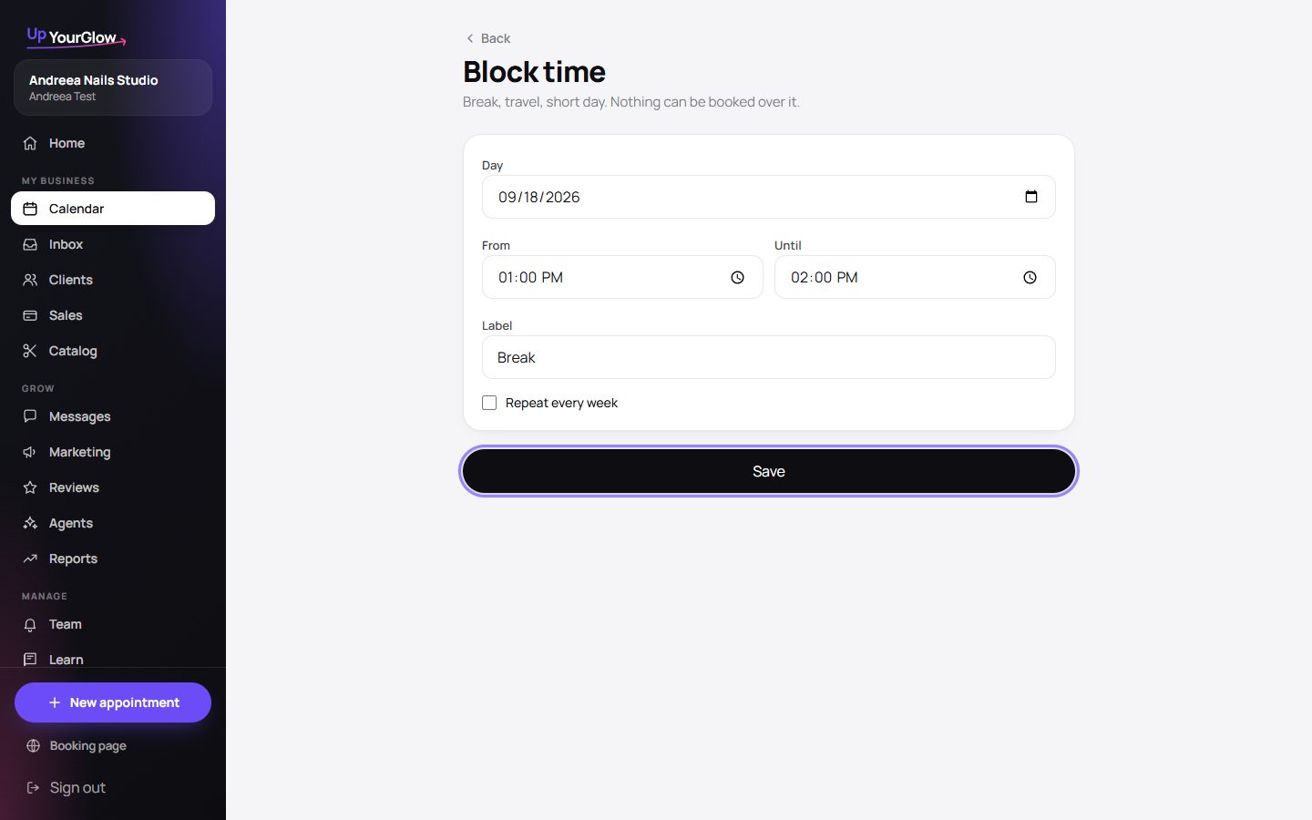 Screenshot: Block the time you don't work