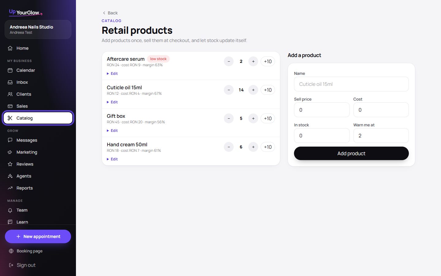 Screenshot: Products and stock