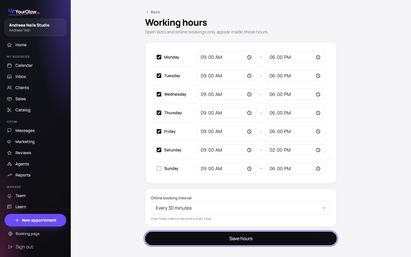 Screenshot: Set your working hours